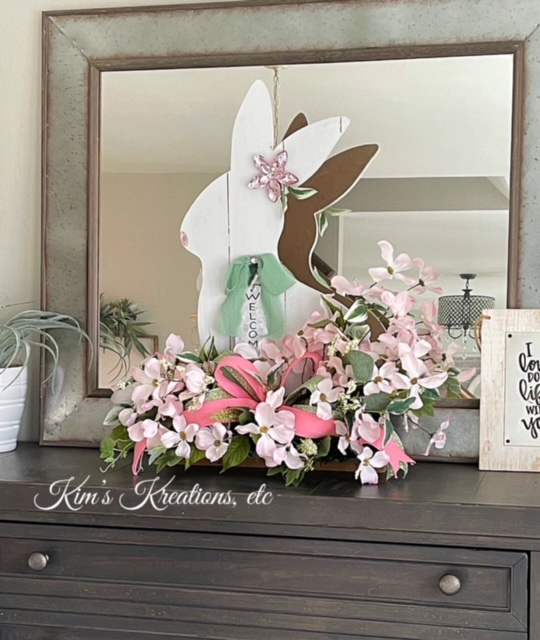 Easter Bunny Arrangement, Easter Decor, Easter Bunny, Easter, Wooden Bunny  Arrangement, Pink Dogwood, One of a Kind, Fireplace Decor, Home Decor, Made